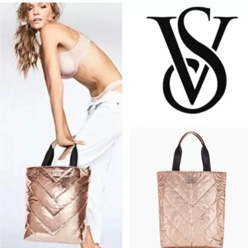 Victoria's Secret Rose Gold Metallic Quilted Double Handle Book Device Tote Bag